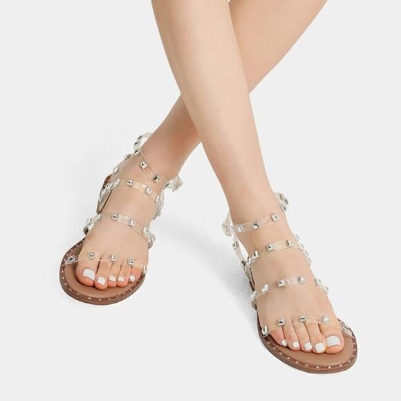 Dream Pairs CLEAR/RHINESTONE Studded Gladiator Strappy Flat Ankle Strap Sandal - Picture 1 of 14